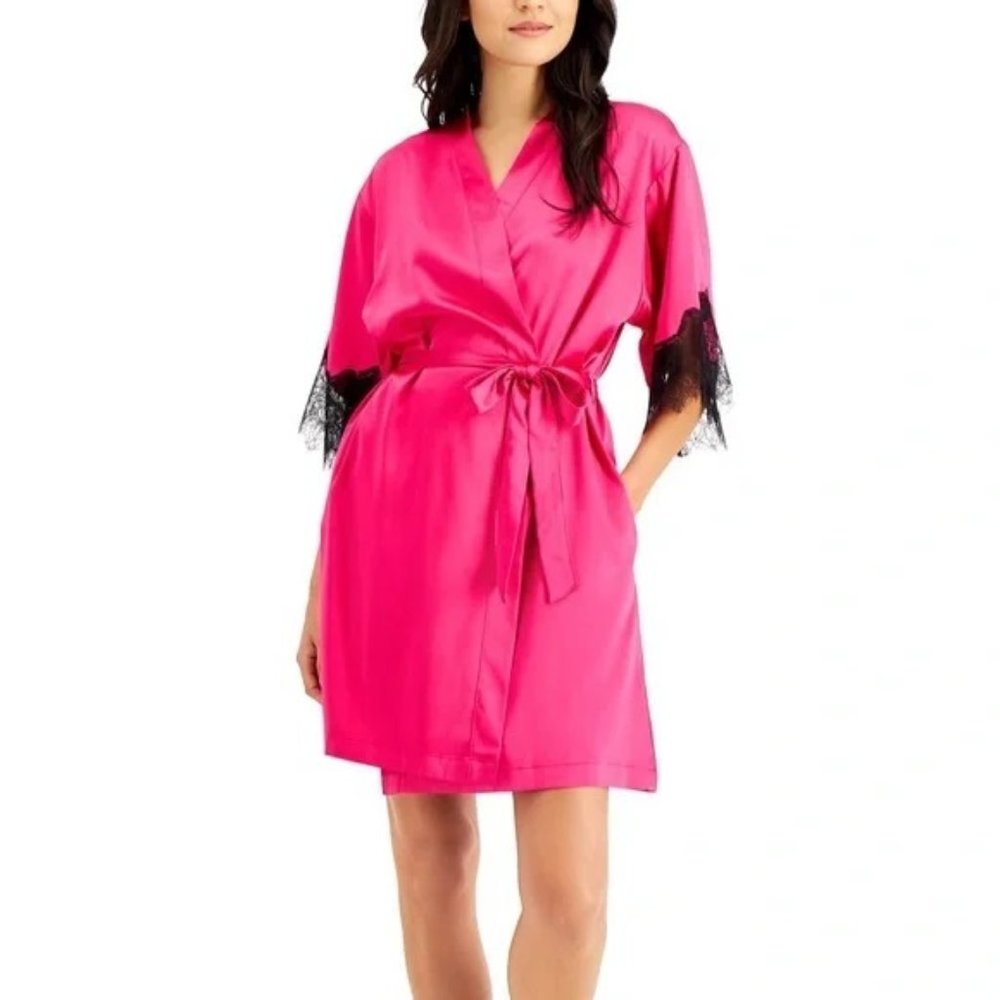 INC Lace-Trim Short Satin Wrap Robe